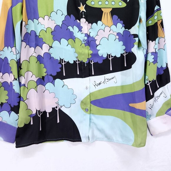 House Of Sunny Nice To Meet You Shirt Womens Size 2 Satin Graphic Button Front - Picture 14 of 16